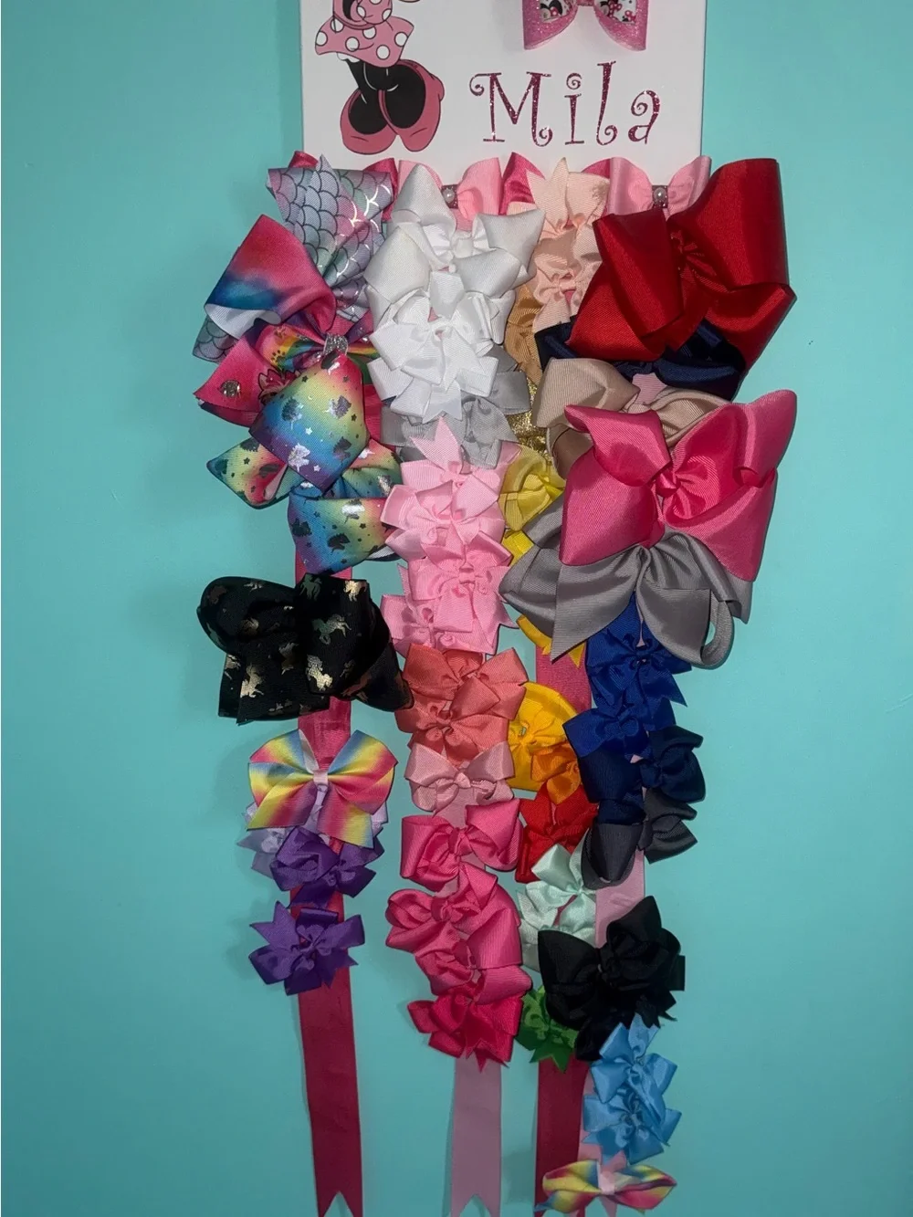 Large Hair Bow Collection with Personalized “Mila” Minnie Mouse Bow Holder